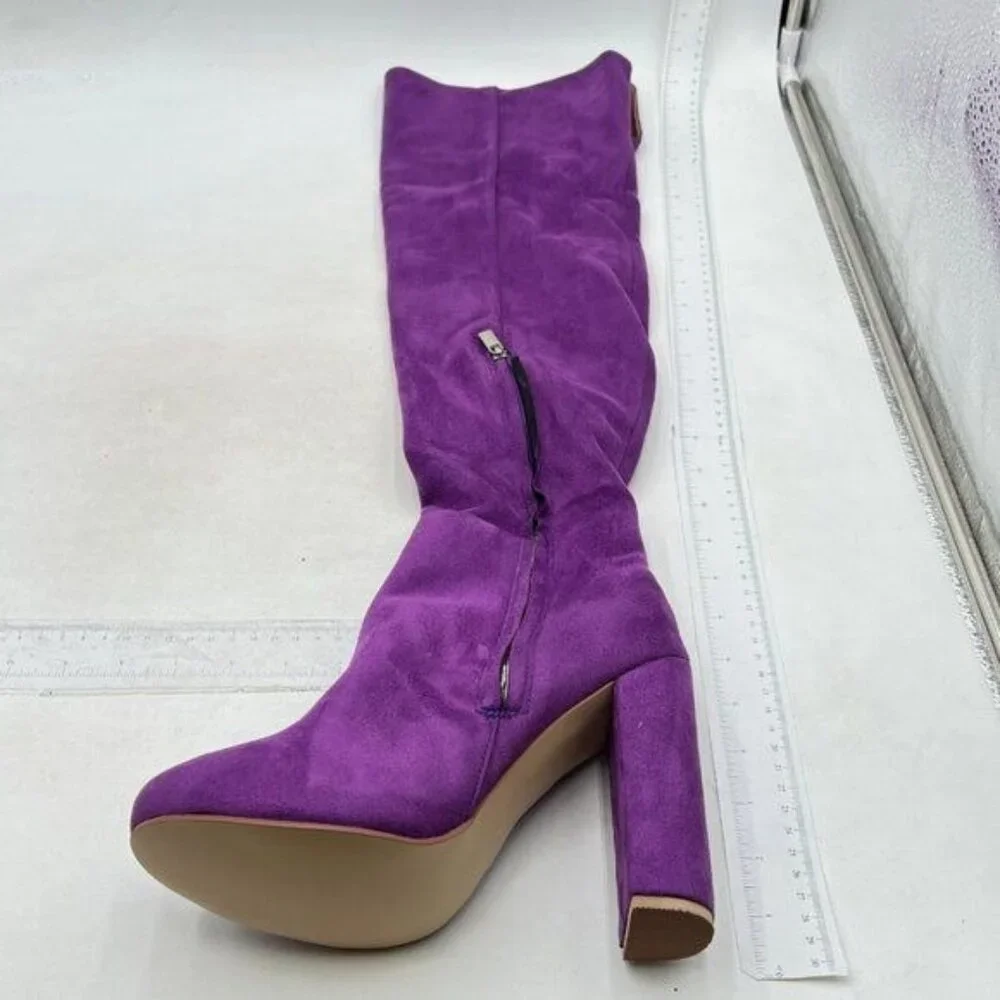 Women Thick High Heel Knee High Long Boots Closed Toe Pull On Faux Sued Purple